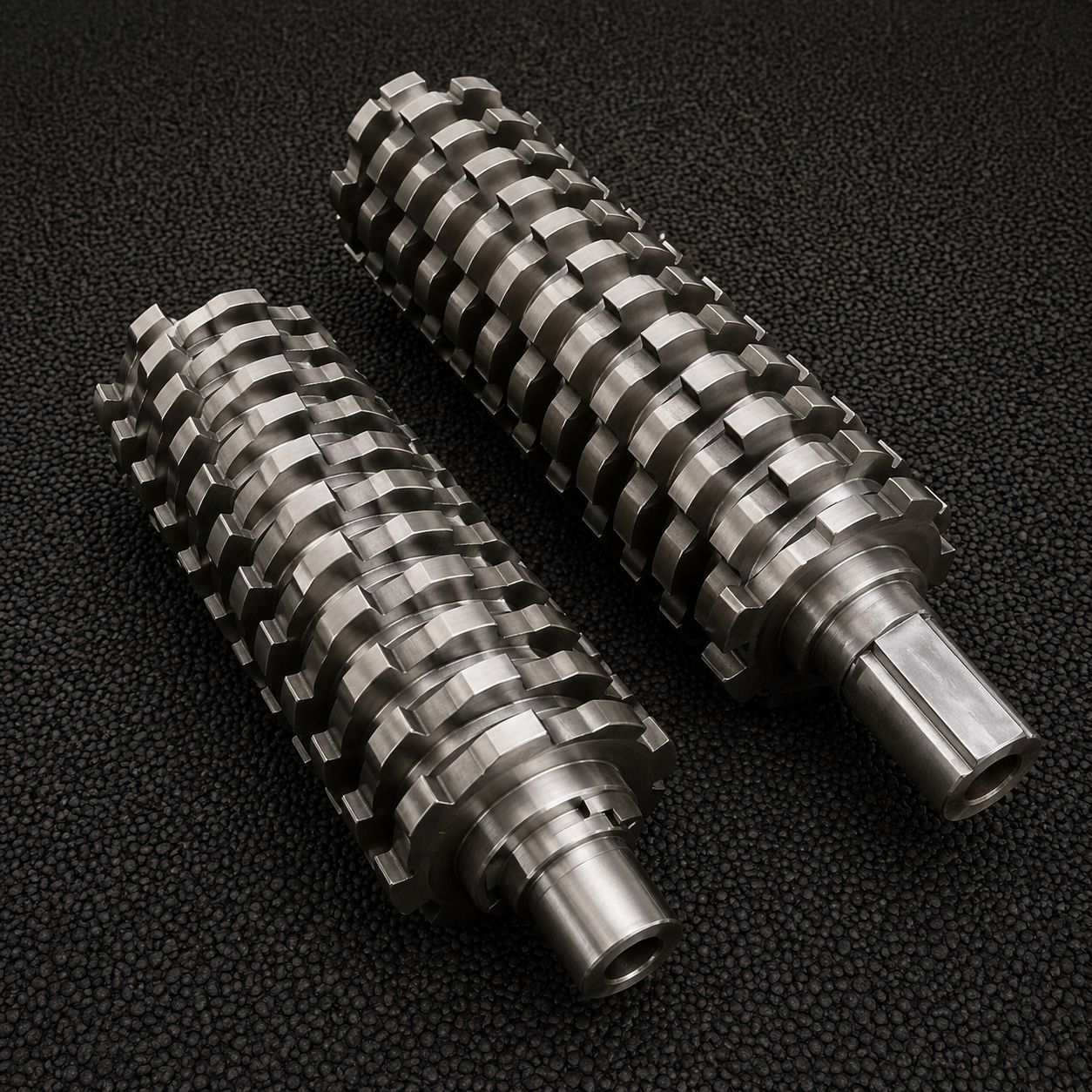 Shredder Shafts | Heavy Duty Twin Shaft Rotor Assemblies Twin shaft shredder shafts for industrial shredding machines, heavy-duty rotor shafts with mounted cutting elements on textured background, compatible with Terex, Doppstadt, McCloskey, Powerscreen and other major brands